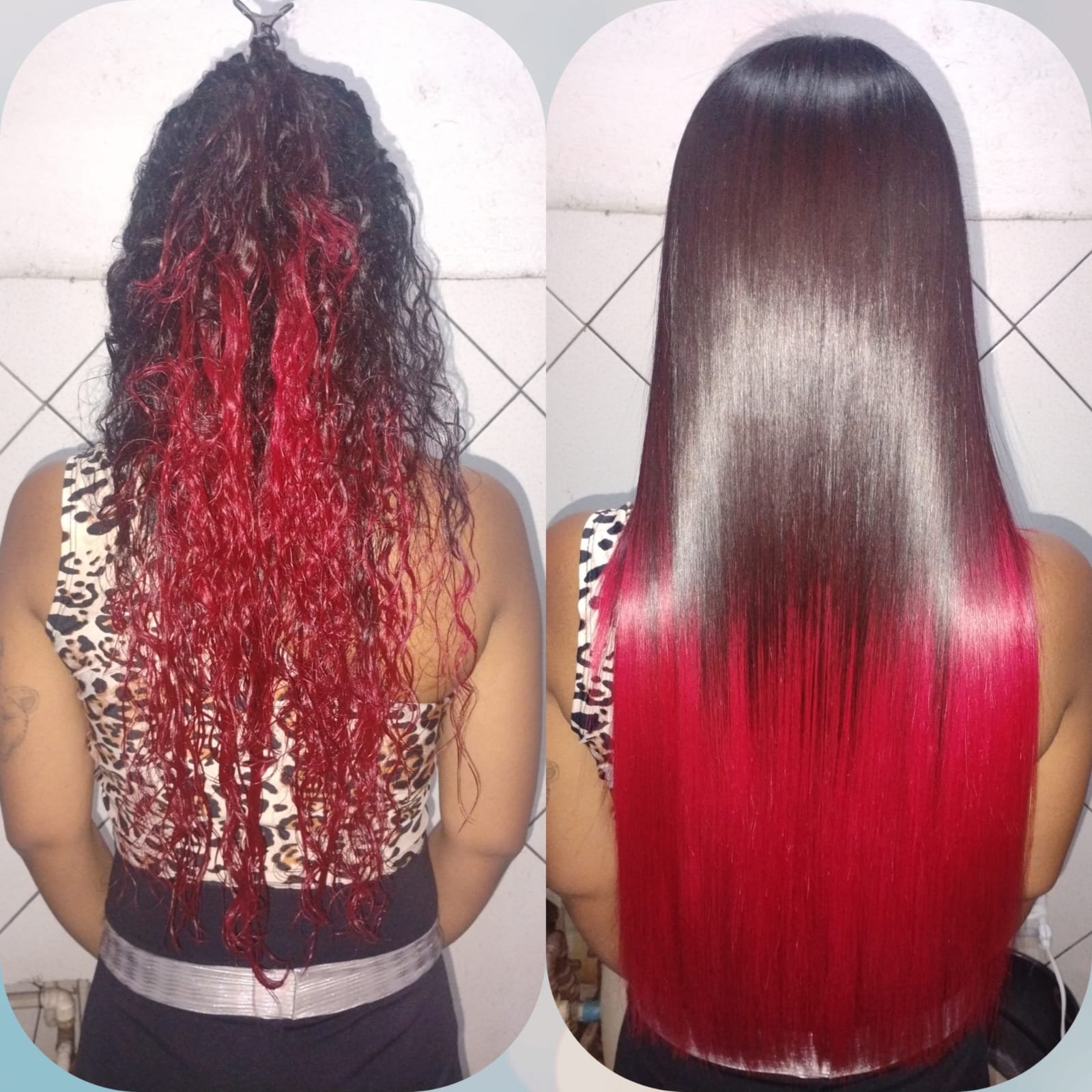 Resultado antes e depois cabelo cacheado vermelho